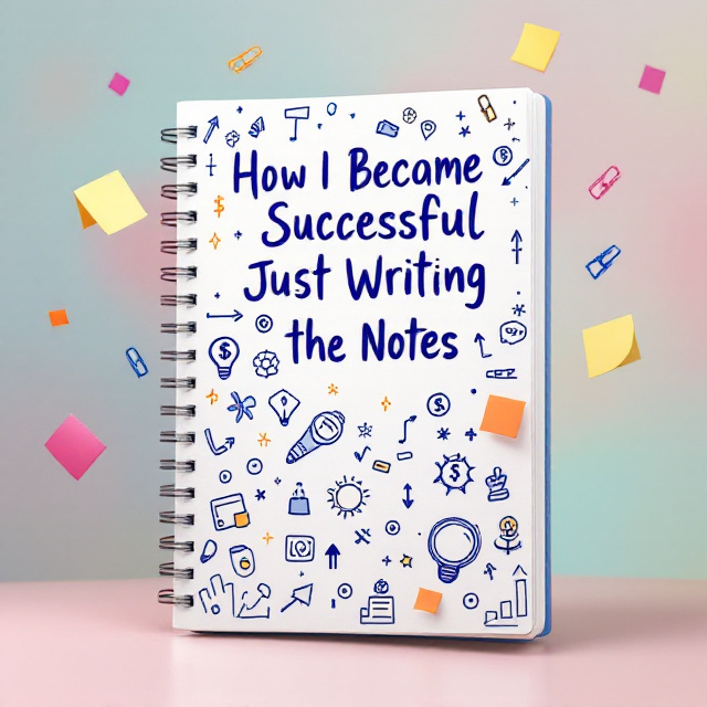 A large, whimsical illustration of an open notebook dominates the cover, with pages filled with doodles of success-related icons like dollar signs, light bulbs, and upward arrows. The background is a playful mix of pastel colors, enhancing the humor and light-heartedness. Floating around the notebook are casual drawings of colorful sticky notes and paper clips, giving a sense of creative brainstorming.