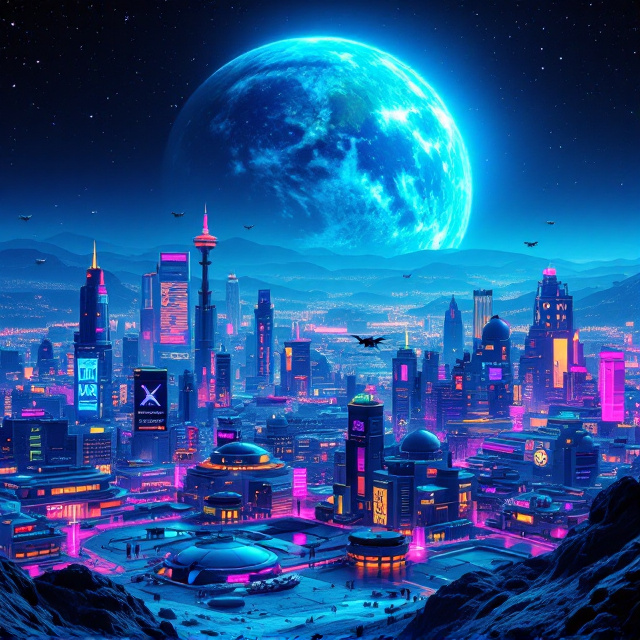 A sprawling, futuristic cityscape on the moon is seen from a first-person perspective with neon lights casting an enchanting glow on every surface. Buildings are varied in structure - some towering like skyscrapers, others resembling domes - all of which carry holographic advertisements and signs in vibrant neon colors. The Earth looms large on the horizon as a luminous backdrop, dominating the sky with its blue and green hues. The entire scene is bathed in different shades of blue, resonating with the primary color preference. Little floating details like drones and lunar vehicles pepper the skyline, adding life to the panorama.