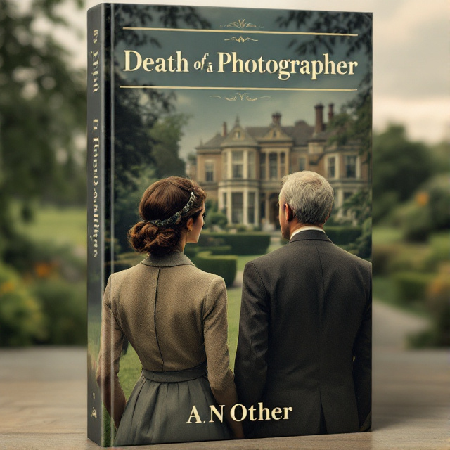 The cover features an English manor house in the background with lush gardens. In the foreground, a young woman in early 1960s fashionable attire, complete with vintage accessories, stands beside a slightly older man in a traditional suit. Both are looking towards the house, their backs to the forefront.