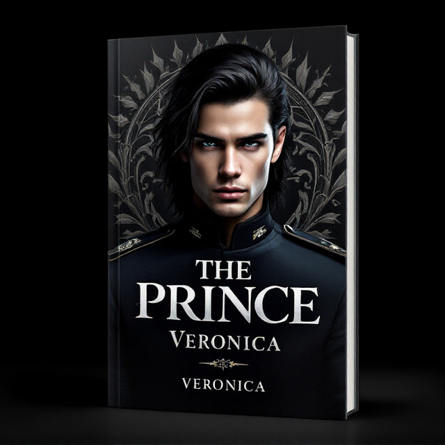 A handsome young man with longish dark hair and a futuristic military officer’s uniform dominates the cover, staring intensely forward. His brooding expression suggests both confidence and depth. Behind him is a large, detailed medieval-style crest that adds a touch of traditional elegance. The background is a rich, solid black, providing contrast and focusing attention on the central figure.
