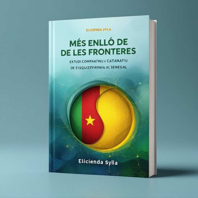 The cover features a tranquil, abstract design that combines the flags of Senegal and Catalonia at the center. These flags are artistically interwoven, creating a sense of unity and connecting the concept of schizophrenia from both regions. The background is a serene blend of blues and greens, evoking a sense of mystery and calm. Subtle graphic elements, like abstract neuron-inspired patterns, overlay the background, hinting at the book's scientific nature.