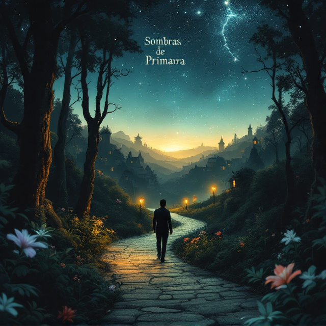 standing book mockup, Its title is "Sombras de Primavera". Its author name is Andrés Mauricio Ramírez Labrada.  A solitary figure of David, seen from behind, walks along a winding path in a dense forest, leading to a horizon with an open night sky filled with bright stars and a small constellation. Shadows of quaint houses and a mysterious temple are visible in the distance. The overall scene is tinged with dark blues, grays, and muted greens, while small details like flowers and lanterns along the path are highlighted in muted reds and yellows. Silver glimmers accentuate the stars and elements associated with dreams. Elegant serif fonts with a touch of vintage style for the title "Sombras de Primavera." A delicate and readable serif font for the author’s name "Andrés Mauricio Ramírez Labrada" at the bottom., The title is prominently placed at the top center, with the author's name at the bottom. The central focus is on David's figure and the path leading into the hopeful, starry night sky. The shadows of houses and the temple frame the sides of the path, adding depth and intrigue.
