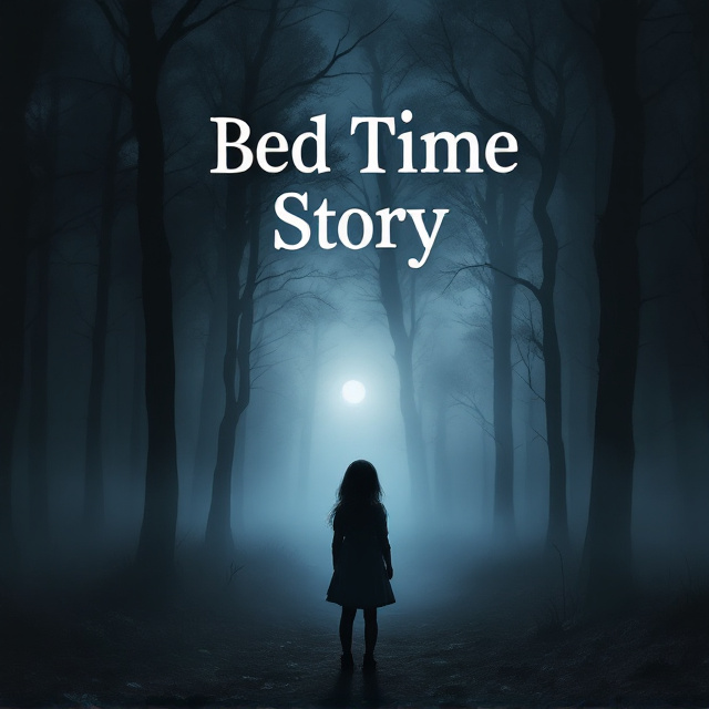 The cover features a dense fog engulfing the woods, subtly illuminated by a faint moonlight casting eerie shadows. A small silhouette of a little girl, visible from the back, stands in the foreground, facing the woods, capturing her sense of curiosity. The woods have an indistinct yet intriguing outline, contributing to the mysterious vibe.