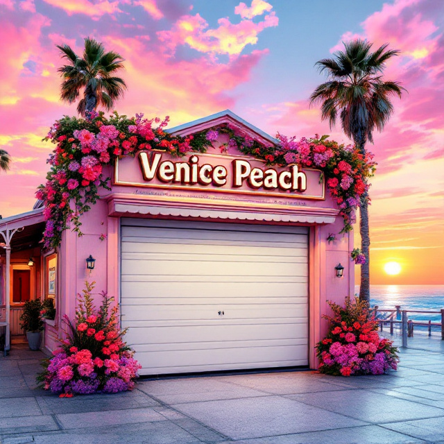 A vibrant and colorful boardwalk scene is depicted, with a shop prominently featuring a large, blank garage front. The shop is labeled "Venice Peach" in playful letters, surrounded by lush, peach-colored floral elements which cascade down, adding a touch of nature to the man-made environment. The background showcases the setting sun over the ocean, casting brilliant hues of pink, orange, and purple across the sky, reflecting the hippie, vibrant theme.