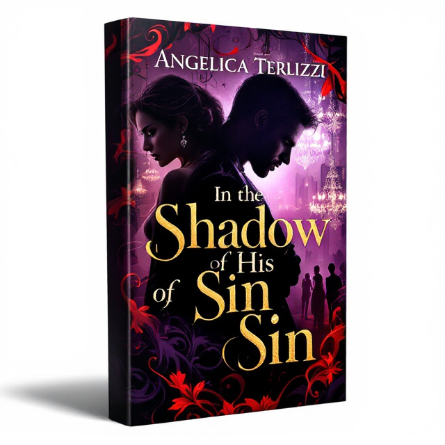 Mira's intense profile is prominently displayed in the foreground, partially lit to emphasize her fierce expression and resolve. Kade’s shadowed figure looms menacingly in the background, hinting at the danger he represents. The opulent setting of a lavish party subtly appears behind them, featuring chandeliers and silhouettes of elegantly dressed guests. There are wisps of crimson and dark purple swirling around them, symbolizing both passion and peril.