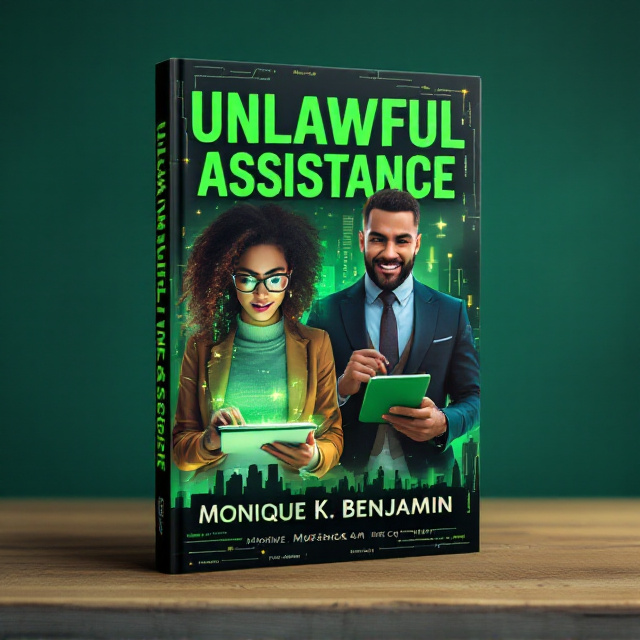 A vibrant and playful cover featuring a split image. On the left, a stylish hacker with her trendy glasses sits in front of a glowing tablet, her fingers flying over the screen. She exudes a sense of focus and excitement. On the right, a charming conman in a classic suit, holding a sleek green tablet, flashes a confident smile. The background is a blend of urban cityscape silhouettes and digital codes, creating a bridge between their worlds. The overall color palette is rich in greens, with playful highlights in blues and yellows to add warmth and intrigue.