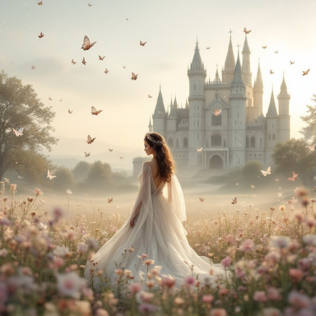 A serene countryside landscape with a grand, ethereal castle in the background. The foreground features a melancholic yet regal princess queen standing amidst a field of delicate, pastel-colored flowers and elegant butterflies fluttering around her. The sky is a gradient of neutral tones, with a hint of magical sparkles.