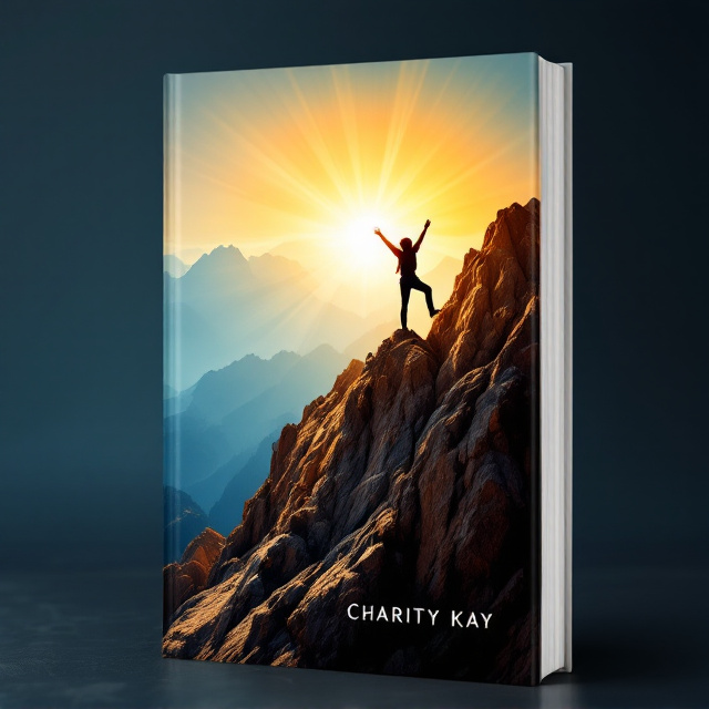 A silhouette of a person joyously climbing a rugged mountain with a bright sunburst behind them, symbolizing hope and achievement. The mountain is depicted with earthy textures and tones of brown, while the sky transitions from deep blue at the top to lighter blue near the sun for contrast and focus.