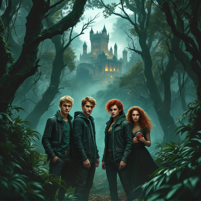Four teenagers, two boys, and two girls are standing in a dense and ominous jungle. The jungle is thick with towering trees and creeping vines, casting deep shadows around them. In the background, a distant castle looms eerily through the mist. The blonde boy and brunette boy stand at the front, looking determined, while one girl with red hair and green eyes and another with brown curly hair holding a red and brown stone stand slightly behind them with expressions of concern and defiance. The color palette is dominated by dark greens and hints of red, creating a sense of foreboding.