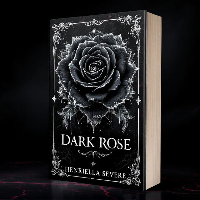The background is a deep midnight black marble effect with subtle swirls of burgundy creating an ominous and mysterious depth. The central image is a magnificent black rose with crystalline edges, with droplets of silver falling delicately from its petals. There are intricate silver filigree patterns around the edges that catch the light beautifully.