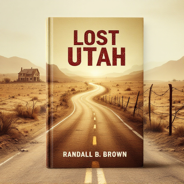 The cover features a dramatic, wide-angle view of a dry, desolate landscape under a hazy beige sky. The winding road snakes through the center, leading the eye toward the horizon, where the silhouette of a derelict house looms on the left. The right side features a rusty, falling-down barbed wire fence, with sparse brush and stunted trees scattered throughout. The color palette is dusty and muted, with a dominance of beige and earthy tones, enhancing the sense of abandonment and mystery.