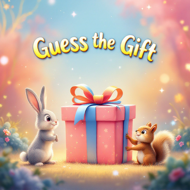 A large, beautifully wrapped gift box is situated prominently at the center of the cover. Surrounding the box are a playful rabbit and squirrel, each with expressive eyes, hinting at their curiosity and excitement. The background is a whimsical blend of pinks, blues, and yellows, creating a magical forest-like ambiance with subtle, sparkling elements.
