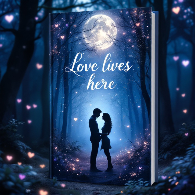 An ethereal, moonlit forest scene with soft, glowing light filtering through the trees. In the foreground, two silhouettes are leaning toward each other, surrounded by swirling magical cosmos and faintly illuminated floating hearts. The color palette features deep blues, purples, and silver accents.