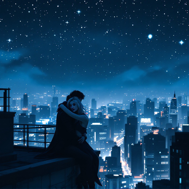 The cover features a dramatic nighttime scene set atop a rooftop in Beijing. The silver-haired assassin girl is portrayed hanging off the edge, with the twinkling lights of the city sprawling beneath her. Her intense gaze is captured mid-action, with a sense of tension and thrill in her eyes. The dark-haired man, positioned at the rooftop edge, has his arms securely wrapped around her waist, a teasing smile playing on his lips. The sky above is a deep inky blue with scattered stars, casting shadows that create a sense of depth and drama. The silhouettes of nearby buildings add to the dystopian atmosphere.