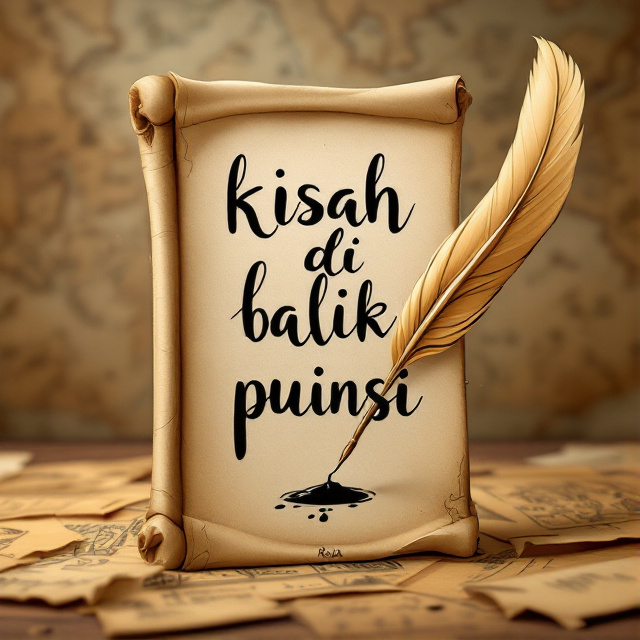 A playful cartoonish scene of a vintage quill writing on ancient parchment set against a backdrop of subtle, sepia-toned historical maps and documents. The quill, animated with a charming face and expressive eyes, is in mid-motion, dripping ink that whimsically forms the book's title "kisah di balik puisi.".