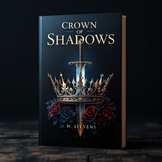 A shadowy, dark background sets an ominous tone. At the center, a majestic, intricate crown glistens with a subtle metallic sheen, accentuated by the angle of dim light. A sharp, ancient sword pierces through the crown, symbolizing power and conflict. Delicate, dark red roses encircle the base of the crown, their petals slightly fading into the darkness, hinting at fragility amidst strength.