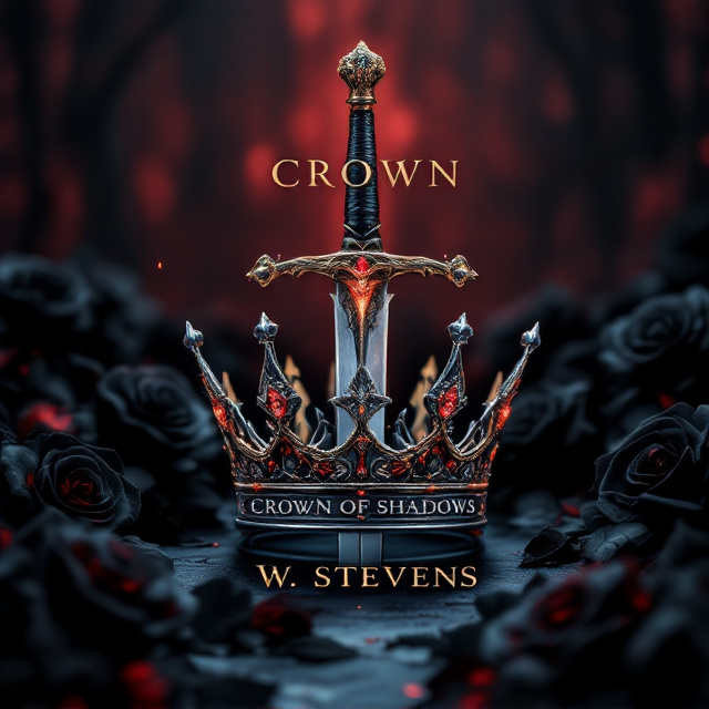 A dark, moody background with deep shades of crimson and black, emphasizing the theme of darkness and royalty. At the center, a gleaming silver crown intricately designed with gothic details, pierced through by an ancient-looking sword with a jewel-encrusted hilt. Surrounding this central imagery are faintly visible black roses, their petals tinged with hints of shadowy silver to create a sense of mystery and intrigue.