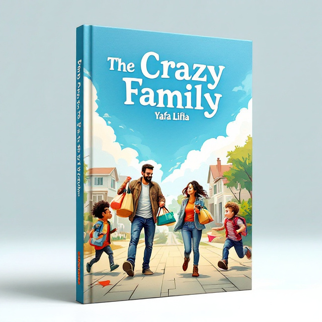 A dynamic and slightly chaotic scene featuring a family of four engaged in various activities. The father is grilling in the background, the mother is balancing grocery bags, the teenage child is texting, and the young child is running with a kite. The backdrop is a suburban neighborhood with houses subtly sketched, and the sky is a vibrant blue to align with the primary color preference.