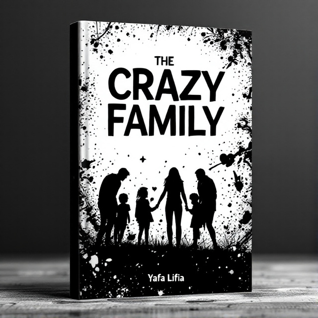 A dramatic composition featuring a silhouette of a chaotic family scene at the center, with splashes of white and black creating a sense of motion and action. The background is a blend of dynamic lines and shapes, adding an energetic and slightly chaotic feel, representative of the family's craziness and interactions.