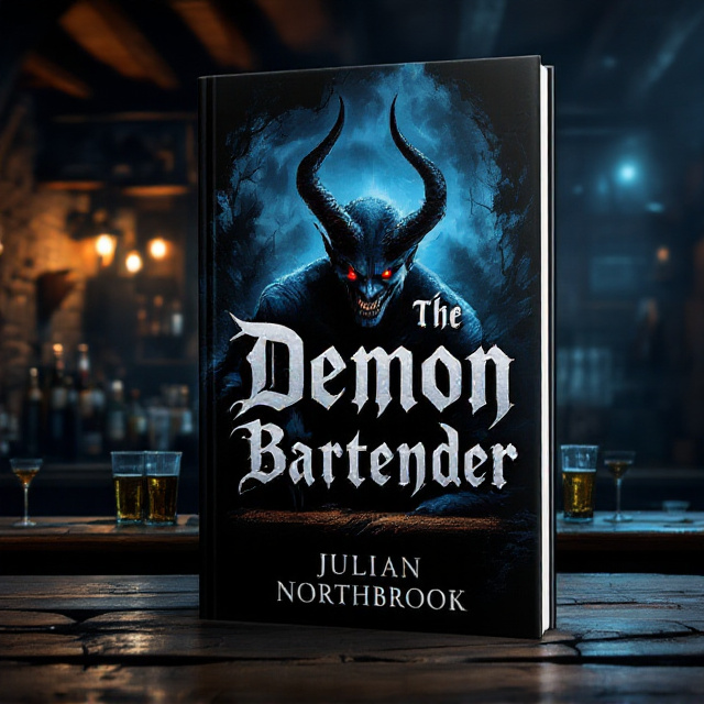 A chilling scene at an old, dimly-lit British countryside pub. A menacing blue-skinned demon, with glowing red eyes and sharp, jagged horns, is positioned behind the bar, arranging glasses and bottles with an unsettling grin. Shadows stretch dramatically across the wooden bar counter, with distant eerie lights partially illuminating the stone walls and rustic wooden beams overhead. The background is an atmospheric blend of dark blues and blacks, enhancing the sense of mystery and fantasy.