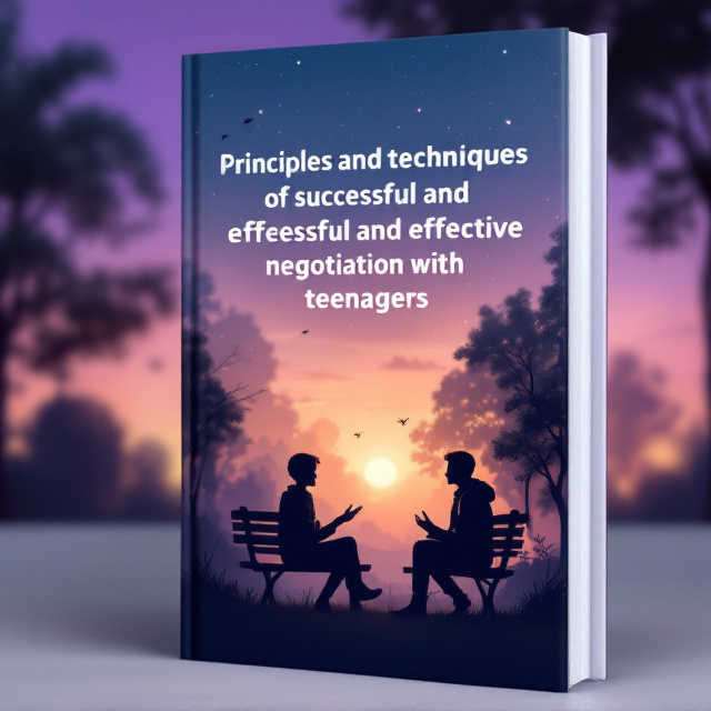An image of a serene park scene at dusk with a young teenager and an adult engaged in a conversation on a park bench. The background features a soft gradient sky transitioning from purple to orange, with silhouettes of trees and birds subtly visible.