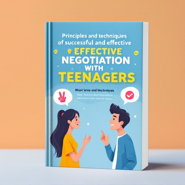The cover features a lively illustration of a parent and teenager engaged in a friendly conversation, set against a calming blue gradient backdrop. Surrounding them are speech bubbles containing icons and symbols like peace signs, lightbulbs, and checkmarks, representing successful negotiation and understanding.