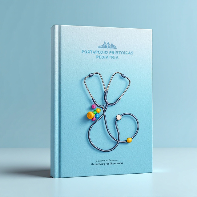 The cover features a symbolic representation of pediatrics — a stethoscope intertwined with a colorful children's toy, set against a soft blue gradient background symbolizing trust and calmness. The stethoscope and toy overlap in the center, creating a focal point. Above them, a subtle sketch of the University of Barcelona building adds a local connection. The overall design conveys a sense of medical care and education, tailored for a student.