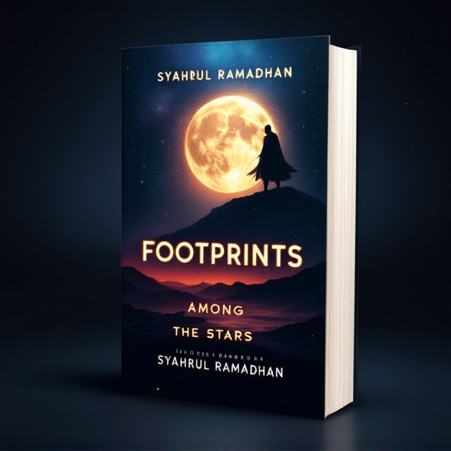 *A dark, star-filled night sky with a full moon shining brightly at the center, creating a mystical and dramatic atmosphere with gradients of dark blue, purple, and orange. At the upper right corner, a menacing silhouette of an eclipsing warrior in dark armor emerges, evoking an ominous threat. Below, footprints become visible, fading horizontally towards a distant light, symbolizing a journey and struggle.*.