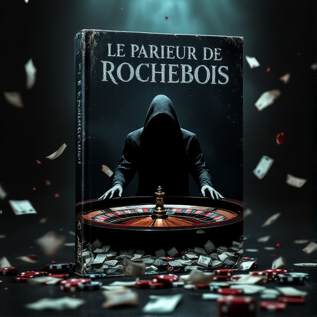 A shadowy figure stands at a dimly lit roulette table, surrounded by swirling banknotes, with a dark, ominous background. A ghostly skull subtly emerges from the shadows to hint at the theme of death, while casino chips scatter ominously like falling leaves.