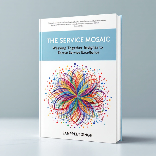 The cover features an intricate illustration of colorful threads interweaving to form a mosaic pattern, symbolizing the concept of 'service' as a tapestry of interconnected insights. A sky blue band sits at the top of the cover, seamlessly fading into the white background, suggesting clarity and open-mindedness.