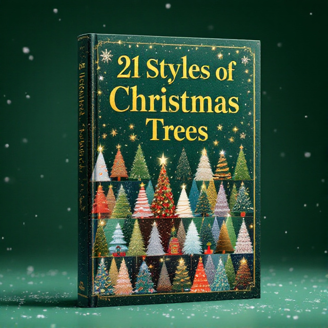 A vibrant cover featuring a collage of 21 different Christmas tree styles, elegantly arranged in a grid pattern. Each tree has its unique decorations that reflect diverse cultural and modern interpretations of Christmas spirit. A subtle snowfall effect overlays the entire design, enhancing the festive atmosphere. The background is a deep, rich green, adding depth and focusing attention on the colorful array of trees.