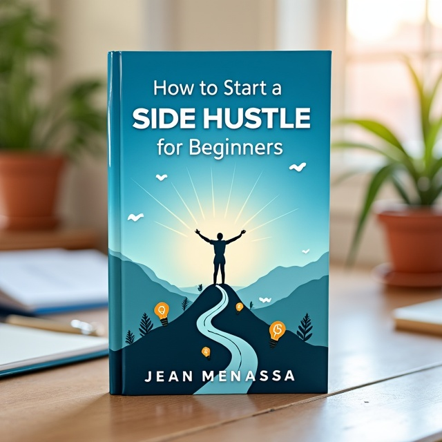 An open notebook with a workspace setting in the background. Central focus is on a person standing on a hilltop with arms raised, beneath a clear blue sky with subtle light rays symbolizing inspiration and achievement. Below the person, there is a winding road leading from the bottom of the cover to the top of the hill. Small icons of money, light bulbs, and growth are subtly integrated into the landscape.