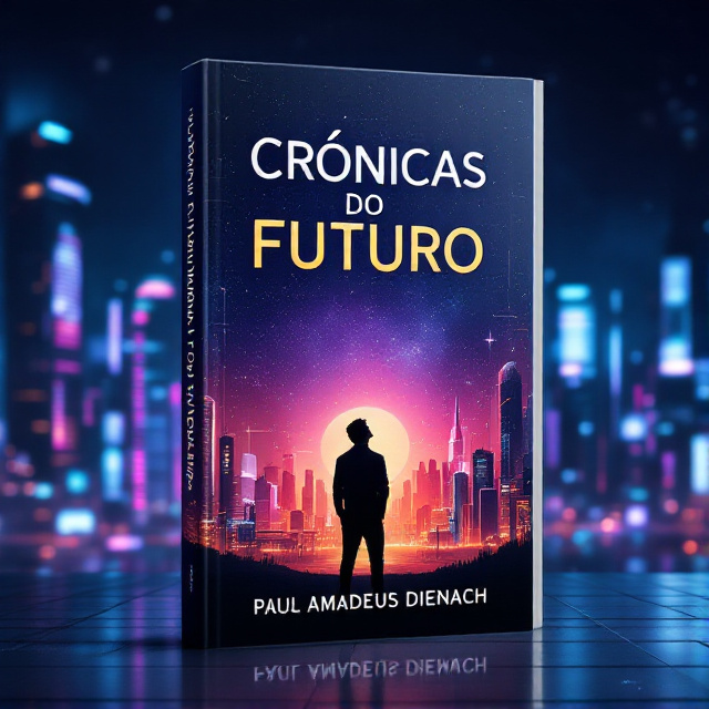 A futuristic cityscape in the background with vibrant neon lights and sleek architecture, blending into a starry sky. The foreground features a silhouette of a man gazing upwards, symbolizing reflection and hope. Subtle tech-inspired patterns are woven into the background to denote the futuristic theme.