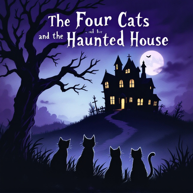 A moody, twilight scene featuring the silhouette of a gnarled tree in the foreground under which the four distinctively styled cats are located, each looking towards a foreboding, dimly lit haunted house on a hill. The haunted house has a few flickering lights and an ethereal glow emanating from the windows, suggesting mystery. The sky is a gradient of deep purples and blues, providing a spooky, but still whimsical atmosphere.