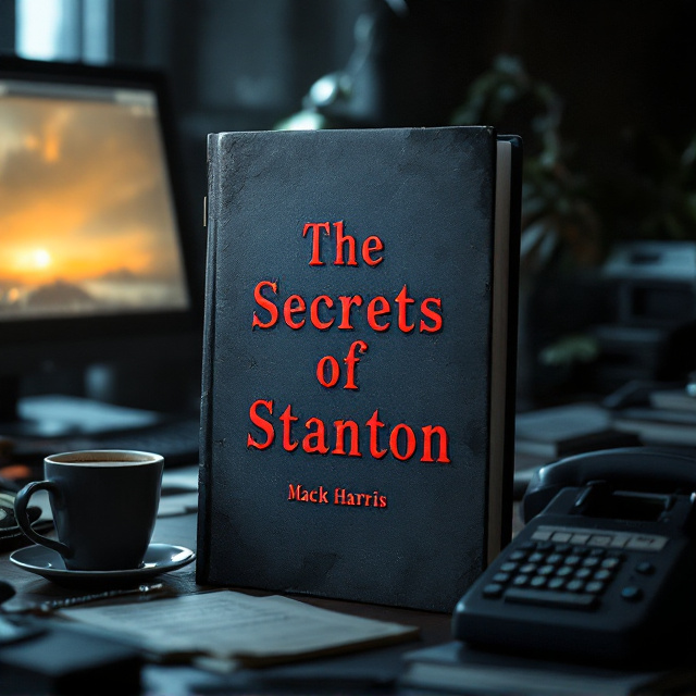 The cover features a dark, slightly cluttered detective's desk. There is a softly glowing computer screen on the left side, casting a dim light that falls over the scattered items a cup of coffee, a classic rotary phone, and open case files. The name plate reading "Mack Harris" sits prominently near the bottom. The title "The Secrets of Stanton" is inscribed on the case file in bold, blood-red text, adding an ominous touch. At the top of the cover, in stark white, the author's name "Saffron Blu" is placed, ensuring it stands out.