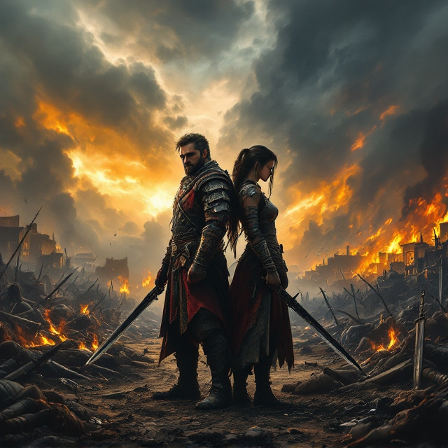 Two battle-hardened warriors, one male and one female, stand back-to-back on a battleground strewn with fallen soldiers and weapons. A fiery, war-torn sky looms above them, with dark clouds swirling and a hint of sunlight breaking through. The background shows remnants of a burning village, adding to the chaos and destruction.