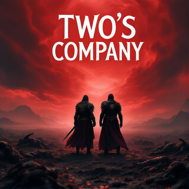 Two warriors in detailed, ancient armor are positioned at the center of the cover, standing amidst a battlefield covered with the shadows of fallen foes. A blood-red sky looms above, setting an ominous tone, with dark, swirling clouds framing the upper part of the scene. The horizon is littered with blurry silhouettes of distant mountains, suggesting an epic war-torn landscape.