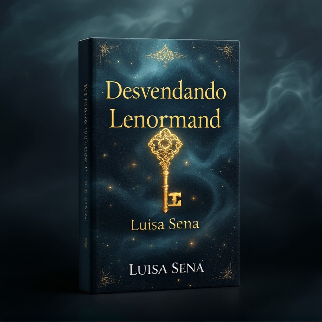 The cover features a mysterious, swirling, dark mist as the background. Emerging from the mist are ethereal, glowing symbols associated with the Lenormand deck, subtly hinting at their mystery. In the foreground, there is an ornate, golden antique key slightly tilted, symbolizing revelation and discovery.