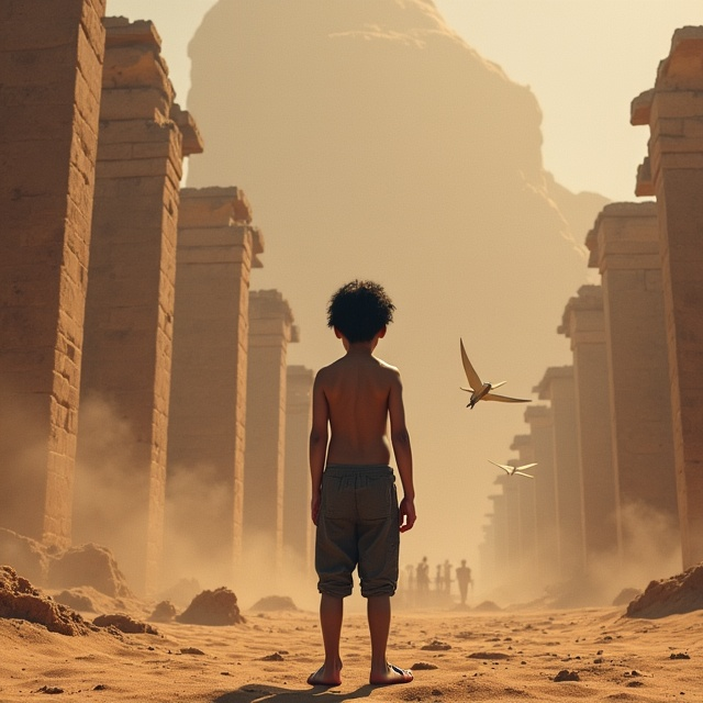 The cover features a haunting and epic scene centered around the young protagonist. In the foreground, the 15-year-old boy with black hair stands with his arms extended upwards, set against a sandy terrain. His bare chest and thin build are emphasized, radiating vulnerability. A white arrow hovers ominously close above his head, while another emerges from the quiver on his back. Distant ruins of an ancient empire's capital form the background, partially obscured by a swirling sandstorm. Scattered bodies of boys around him add to the dramatic intensity.