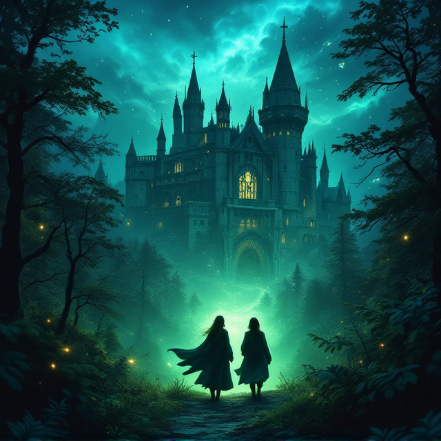 An enchanting forest sets a lush scene, enveloping the lower part of the cover. Emerging dramatically from this natural ambiance is an ancient, mystical castle silhouetted against a twilight sky that shifts from deep blue to vibrant green. In the foreground, the two twins, Dravor and Sanna, stand confidently – their robes gently catching a magical wind, their postures poised for adventure. The sky above teems with an ethereal glow, hinting at hidden mysteries. Magical elements, such as faint glowing runes, swirl in the air, adding to the suspense and intrigue.