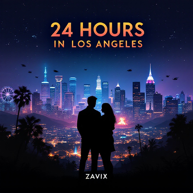 Against a backdrop of the Los Angeles skyline at night, a couple stands in silhouette, the man protectively holding the woman as they overlook the flashing city lights below. Helicopters hover above, and the outlines of tall buildings are interspersed with subtle hints of film reels and Hollywood icons, blending elements of action and romance. A faint silhouette of a suspenseful explosion is subtly integrated into the bottom corner, adding an element of mystery.
