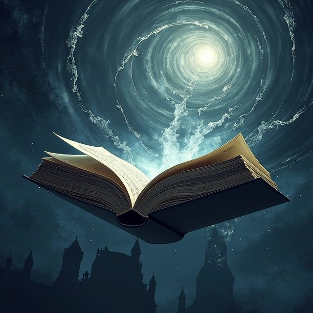 A dark, sprawling cosmic void with surreal, abstract shapes swirling and merging. At the center, a large, ornate, ancient book floats in mid-air, emitting a dim light that struggles to penetrate the surrounding darkness. Ethereal tendrils reach out from the edges toward the book, suggesting an unseen presence. Oxford’s Gothic architecture subtly fades into the background, shrouded in mist and shadows to evoke an eerie atmosphere.