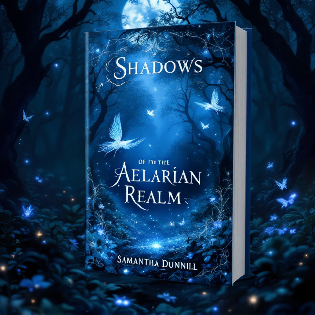 A dark blue mystical landscape stretches across the cover, filled with dense, bioluminescent flora and ethereal lights floating around. Silhouettes of elegant, winged fae creatures can be seen flitting among the trees. Around the edges, shadows creep in, with tendrils of darkness curling towards the center. Moonlight filters through the forest canopy, creating a play of light and shadow that adds depth and intrigue.