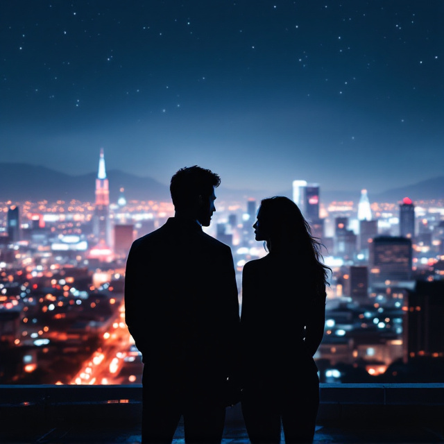 A man and woman stand on a rooftop, overlooking a vibrant cityscape of Los Angeles. The night sky is full of dazzling city lights, and a slight haze adds a hint of mystery. The couple is subtly silhouetted, their faces turned towards each other, capturing a sense of romance amid the thrill and danger of the sprawling metropolis. Shadows suggest movement and suspense, hinting at a deeper story.