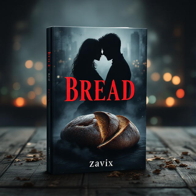 A mysterious loaf of bread with a dark, glossy crust sits partially sliced on a wooden table, with shadows forming ominous shapes around it. Behind the bread, a silhouette of a couple in a passionate embrace is subtly visible, blending into a misty, suspenseful background with faint hints of city lights blurred in the distance.