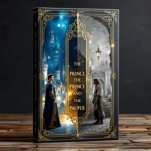 The cover features a striking split design, with the left half showcasing the prince in regal attire, standing tall and poised in front of a gleaming castle backdrop. The right half portrays the pauper in ragged clothes, slouching slightly against a backdrop of a bustling, cobblestone street. Gold and blue hues dominate the left side to represent royalty, while grey and white tones define the right side, creating a clear dichotomy between the two worlds.