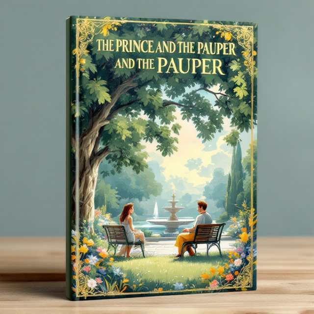 The cover features a beautifully illustrated scene of an elegant garden in soft greens, blues, and yellow. In the foreground, the prince and the pauper are animatedly conversing on a park bench under the shade of a majestic tree. The prince is dressed in rich garments, while the pauper wears humble attire. Surrounding them are vibrant flowers, and a tranquil fountain in the background. The sky is a dreamy blue with fluffy clouds.