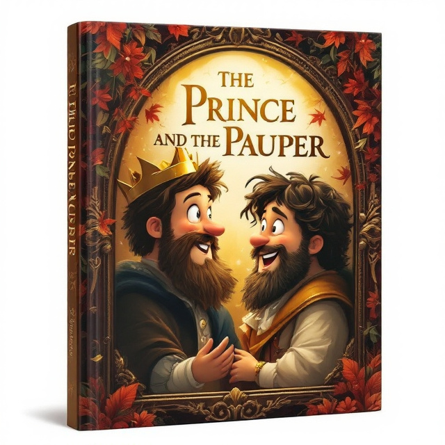 Two characters, the prince and the pauper, are depicted in front of an ornately framed mirror. Their expressions are of surprise and curiosity, and they are both smiling. Rich textures suggest clothing differences, with the prince in regal attire and the pauper in simple clothes. The background blends gold hues with lush reds and greens, creating a warm and inviting atmosphere. Light from the mirror softly illuminates their faces, emphasizing their intrigue and camaraderie.