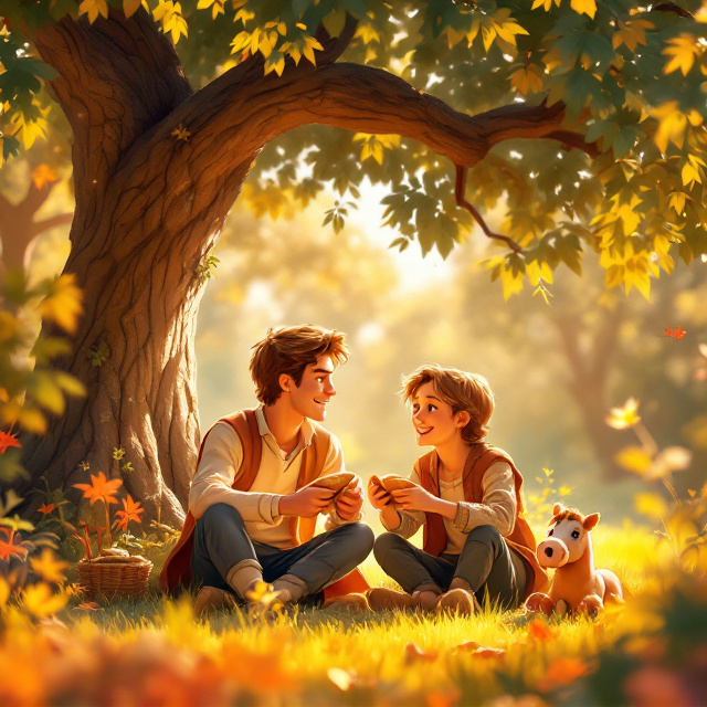 The cover depicts a lively scene where the prince and the pauper are sitting together under a large, shady tree in a royal garden. They are sharing a loaf of bread and a toy horse, both smiling and immersed in their friendly exchange. The background features golden sunlight filtering through the tree's leaves, casting warm, inviting shadows around them. The hues of the garden and the clothes harmoniously merge warm yellows and browns to emphasize a welcoming environment.