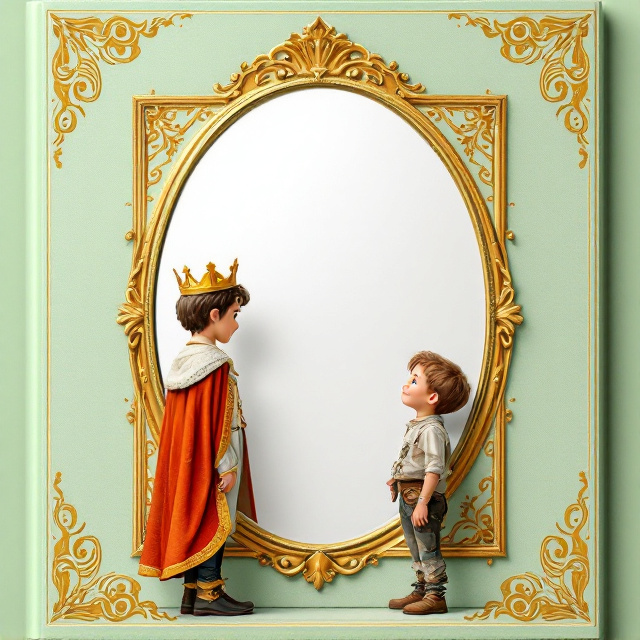 The cover features a light green background with intricate gold designs on the corners. In the center, a large mirror is depicted with an ornate golden frame. The prince and the little boy beggar are standing in front of the mirror, both smiling and looking at their reflections with surprise and curiosity. The prince is dressed in rich, royal clothes with gold trims, while the beggar is in ragged, patched clothing. The mirror reflects both boys with switched appearances, showcasing their surprise and excitement.